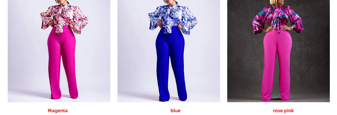 Natalie 2 Piece Women's Flower Print Top Shirt Pants Suit (Wide-leg Pants)