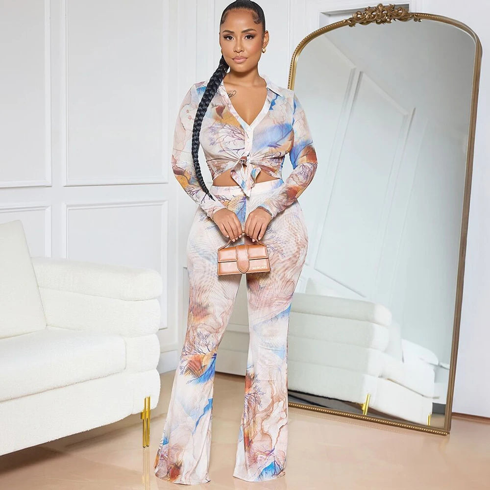 Tie Dye Long Sleeve Lace-up Shirts + Flared Pants Sets