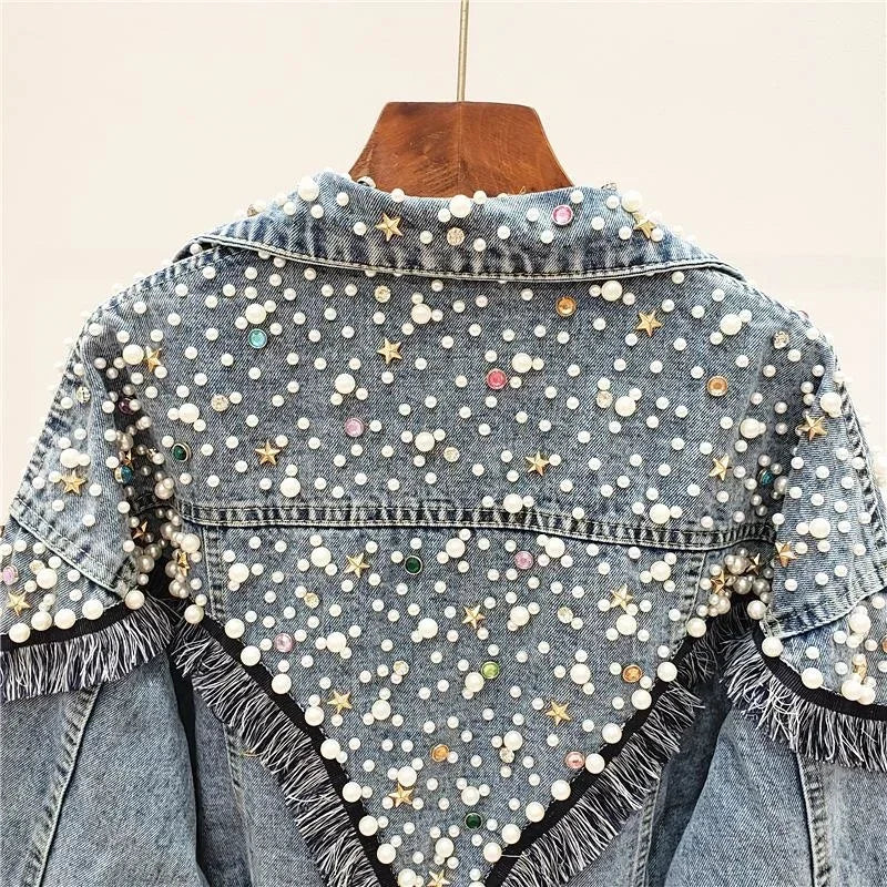 Gracie Hand-studded Pearls Punk Loose Short Jeans Coats