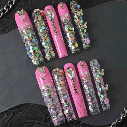 10pcs high-end Cute, sweet and cool style, with a dazzling three-dimensional diamond design handmade fake nails