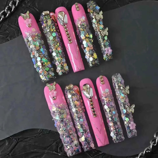 10pcs high-end Cute, sweet and cool style, with a dazzling three-dimensional diamond design handmade fake nails