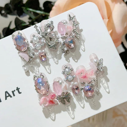 3D Handmade Long Coffin Stiletto Fake Nail Flowers Cat's Heart Diamond Metal Bow