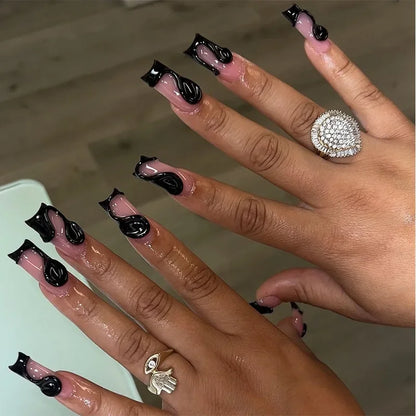 24Pcs Blue Long False Nails Butterfly Ballet French Cartoon  Wearable Fake Nails Full Cover Design Press on Nails Tips Art