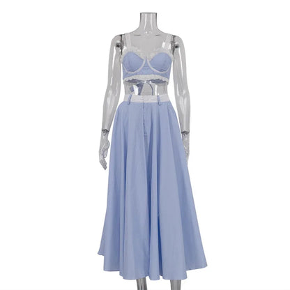 Lace Trim Crop Top + High Waist Flare Skirt Set