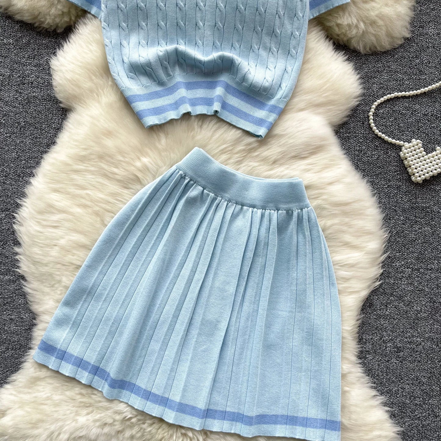 Newest Knitting Two Pieces Sets Button Vintage Basic Tops + High Waist Pleated Skirt Women Fashion 2pcs Suits