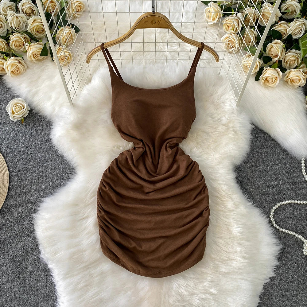 Spaghetti Strap Pleated Temperament Mini Dresses