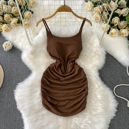 Spaghetti Strap Pleated Temperament Mini Dresses