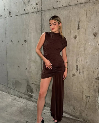 Elegant Turtleneck Sleeveless High Waist Pleated Dresses