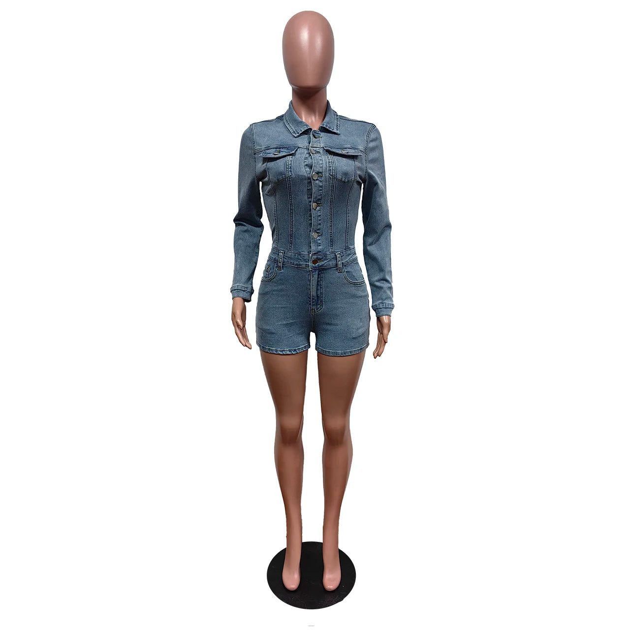 Josel Blue Stretch Denim Playsuits (Long Sleeve)