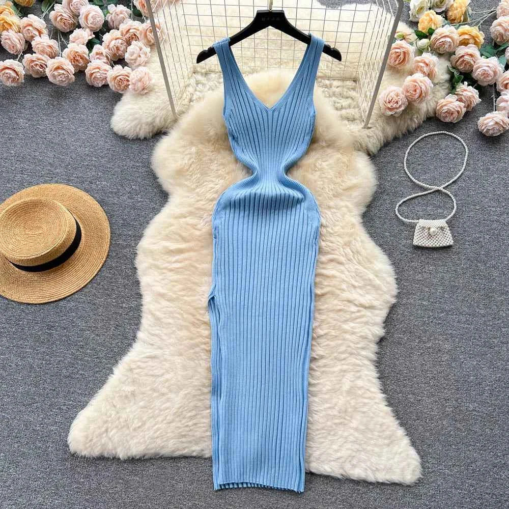 Chic Fashion Sexy Wrap Hips Split Knitted Slim Elastic Bodycon Maxi Dresses