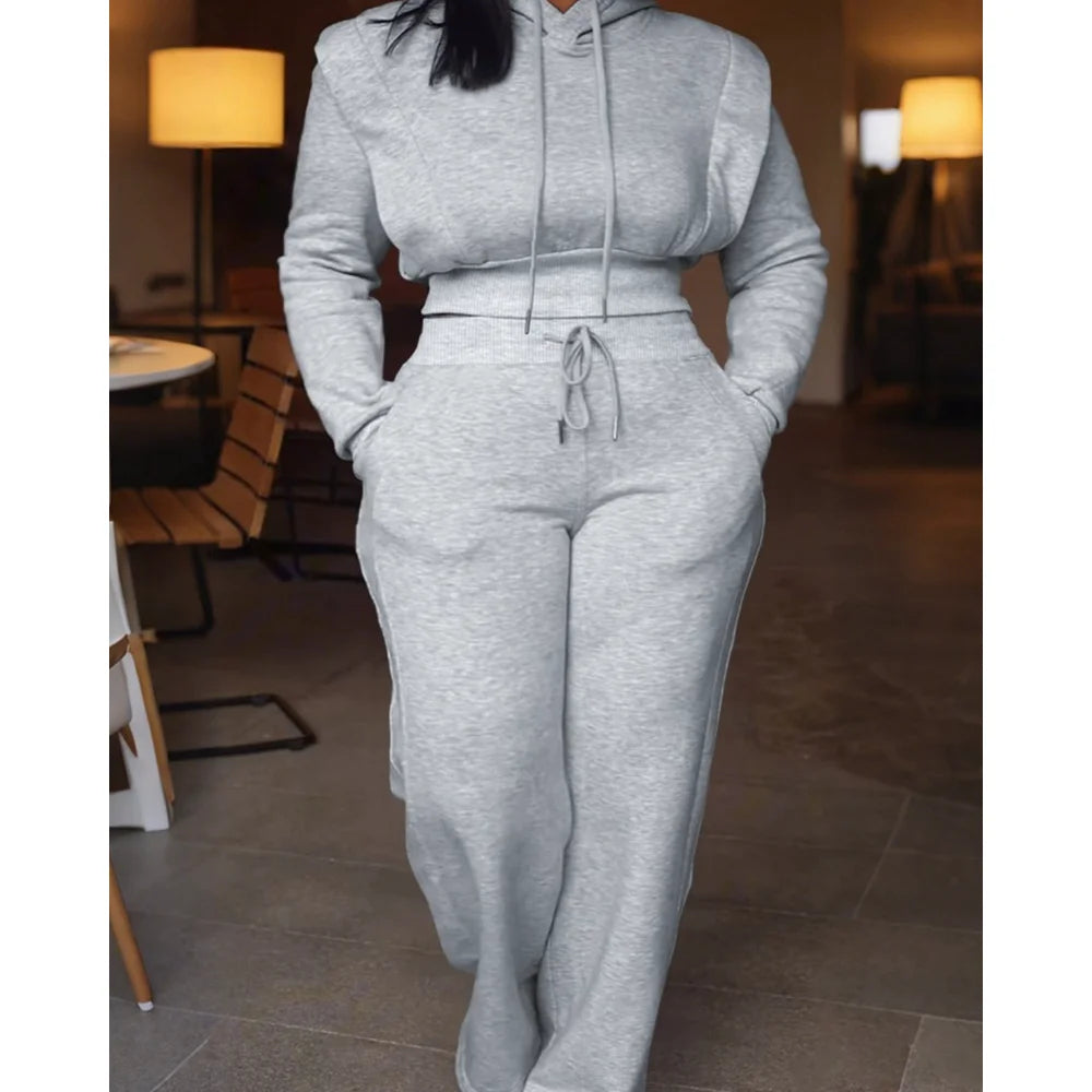 Elegant Tied Detail Hooded Long Sleeve Sweatshirt + Wide Leg Sweatpants Set for Autumn/Winter