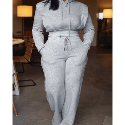 Elegant Tied Detail Hooded Long Sleeve Sweatshirt + Wide Leg Sweatpants Set for Autumn/Winter