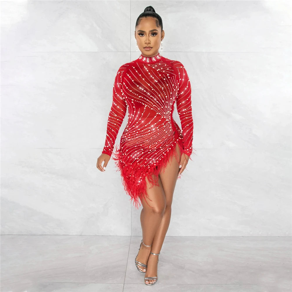 iDress Sexy Pearls Rhinestone Party Dresses Women Elegant Nightclub Feather Birthday Dress Long Sleeve Mesh Sheer Bodycon Dress