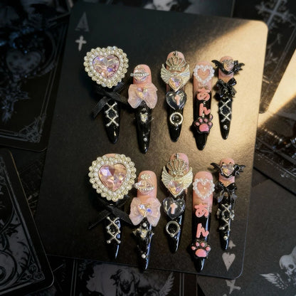 3D Handmade Long Coffin Stiletto Fake Nail Flowers Cat's Heart Diamond Metal Bow