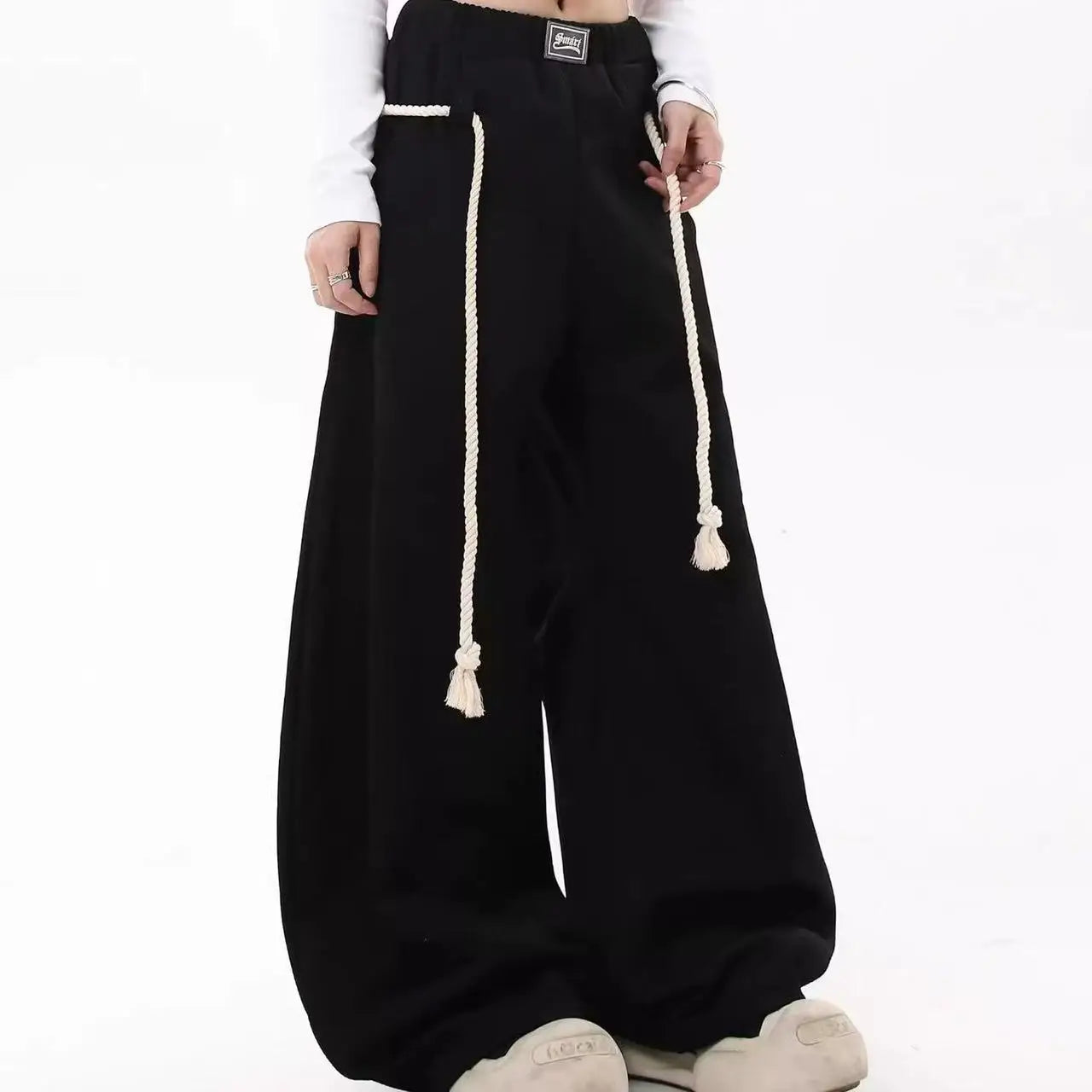 Personalized Woven Rope Belt Loose Wide-leg Pants