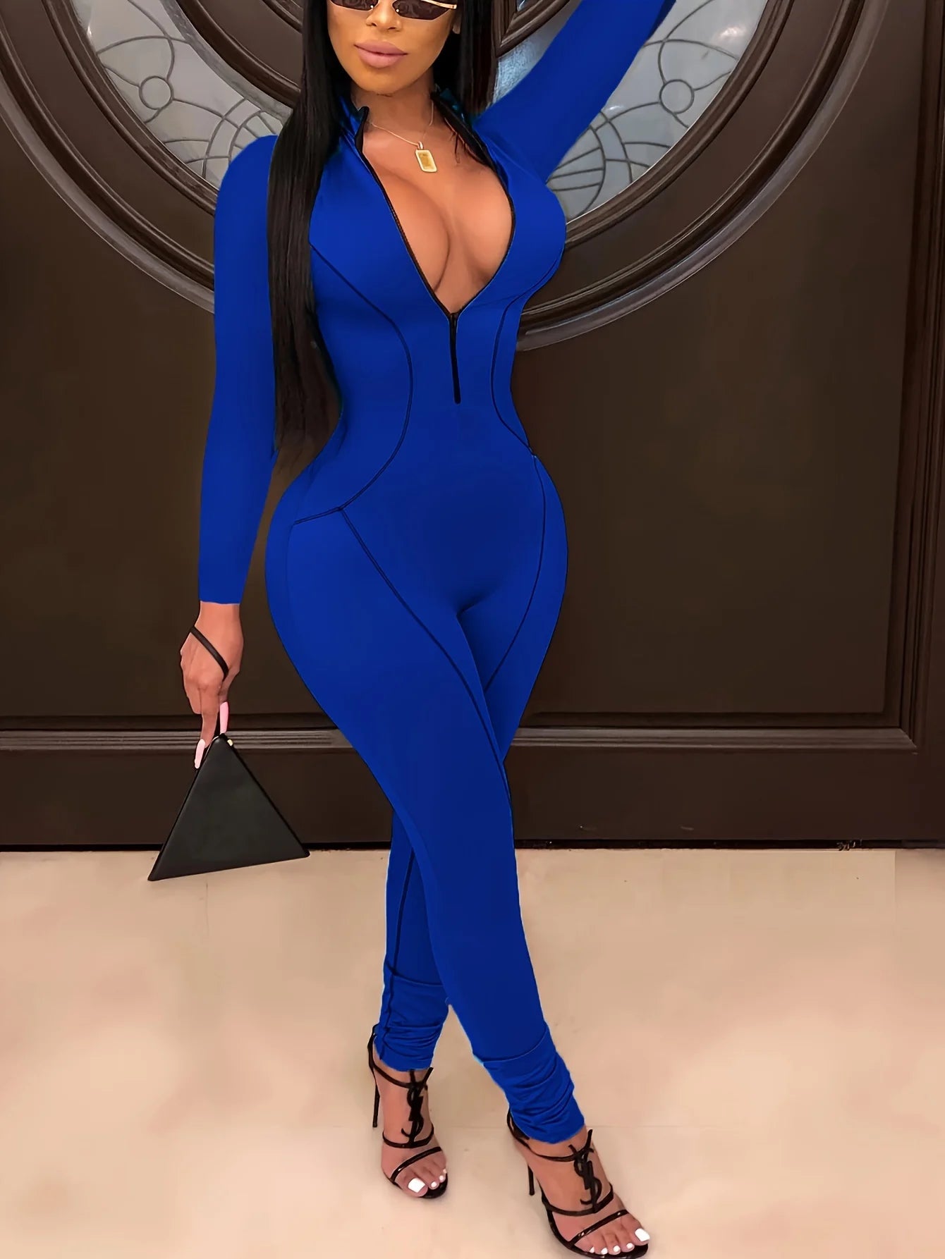 Women Zipper Up Striped Splicing Long Sleeve Bodycon Moto Biker Jumpsuit Sexy Club Night Party Romper Playsuit