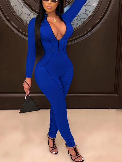 Women Zipper Up Striped Splicing Long Sleeve Bodycon Moto Biker Jumpsuit Sexy Club Night Party Romper Playsuit