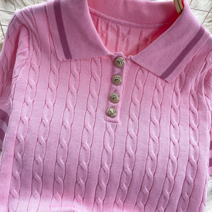 Newest Knitting Two Pieces Sets Button Vintage Basic Tops + High Waist Pleated Skirt Women Fashion 2pcs Suits