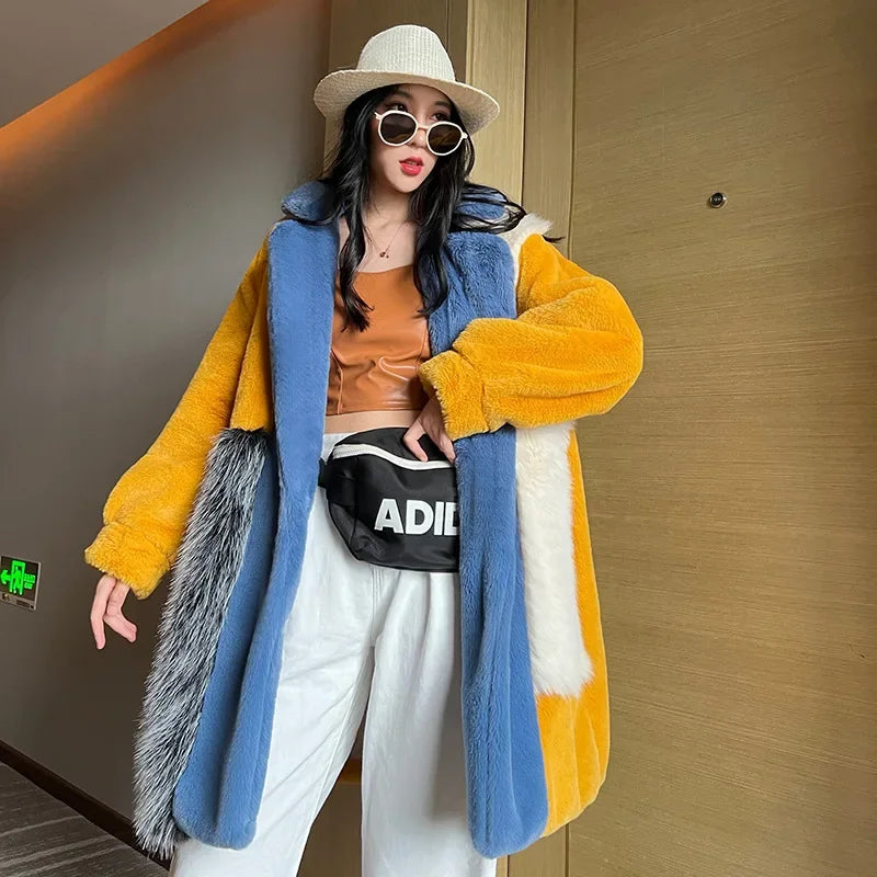 Winter Faux Fur Jackets for Women Furry Warm Splicing Contrast Color Blue Faux Fur Coat Long Jacket Cardigan Women