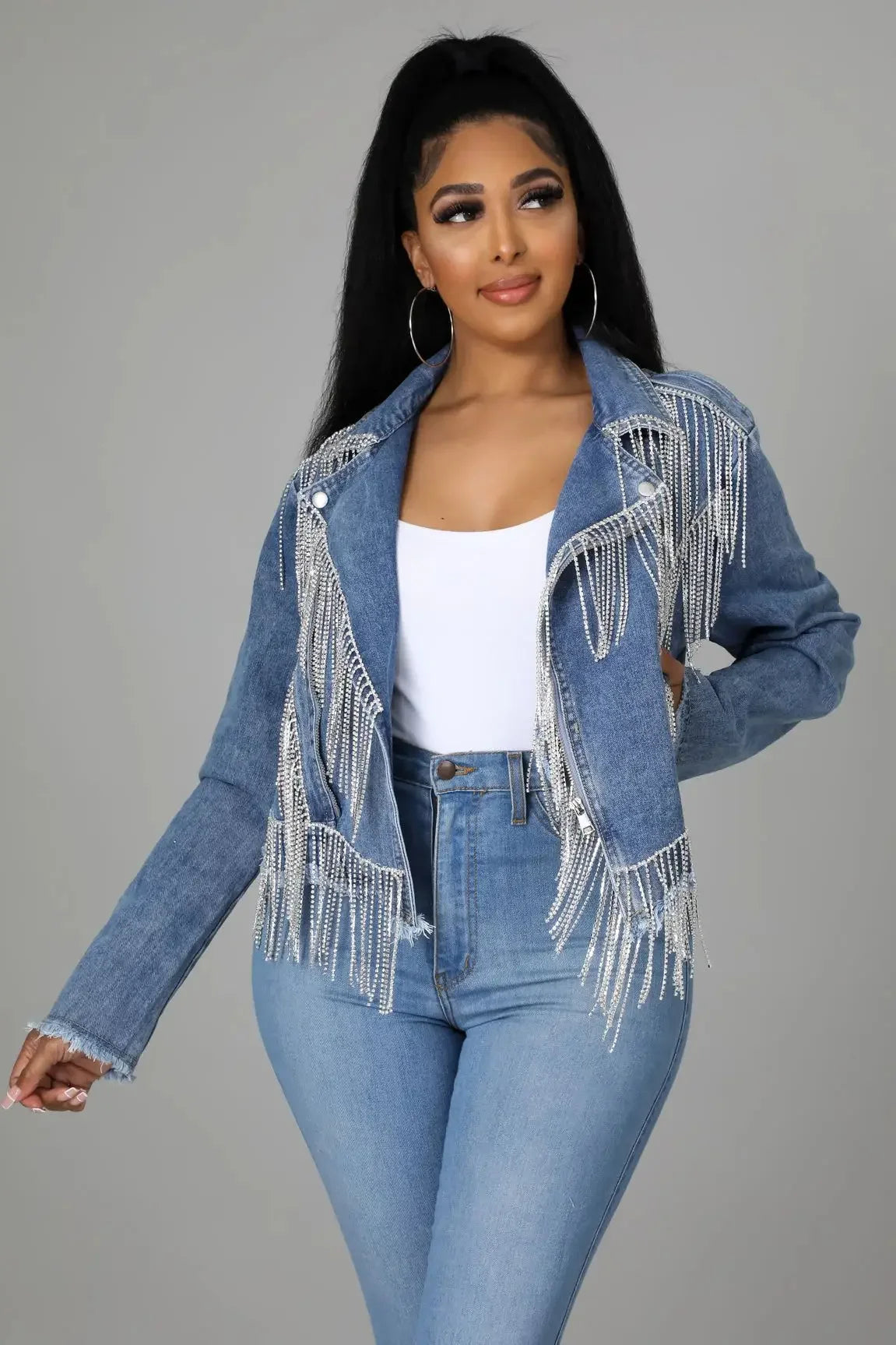 Fatima Crystal Tassel Splicing Long Sleeve Denim Jacket