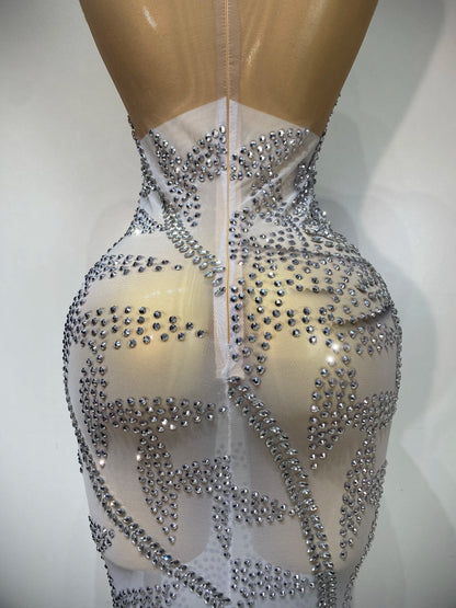 Luxury Rhinestone Sleeveless Silver Maxi Dresses (See Through)