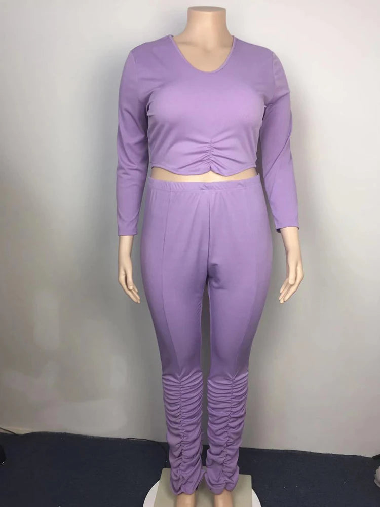 Long Sleeve Top and Pants Set Purple Knit Set (Tight)