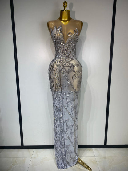 Luxury Rhinestone Sleeveless Silver Maxi Dresses (See Through)