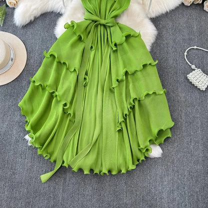 Stand Collar Lace Up Ruffles Boho Dresses