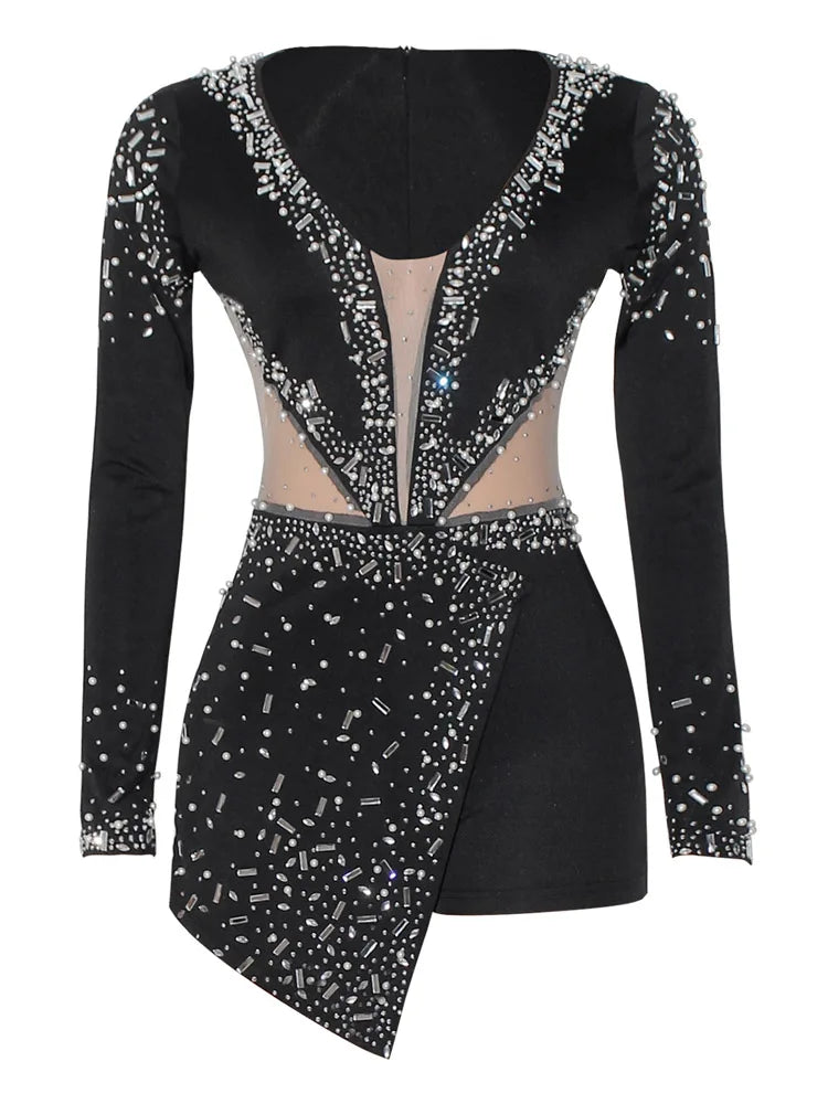 Regina V-Neck Mesh Rhinestone Skinny Long Sleeve Playsuits