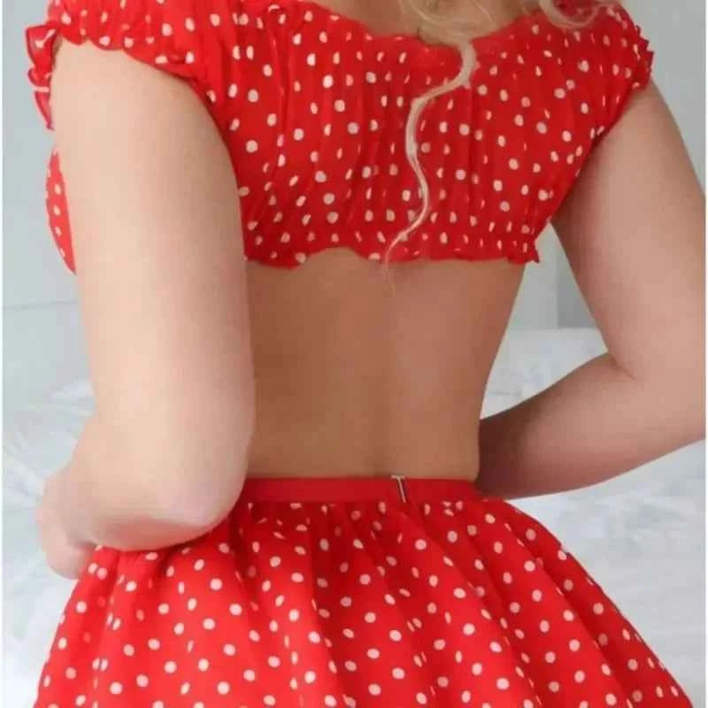 Erotic Short Skirt with Garter Straps Polka Dot + Off Shoulder Puffy Polka Bra Set