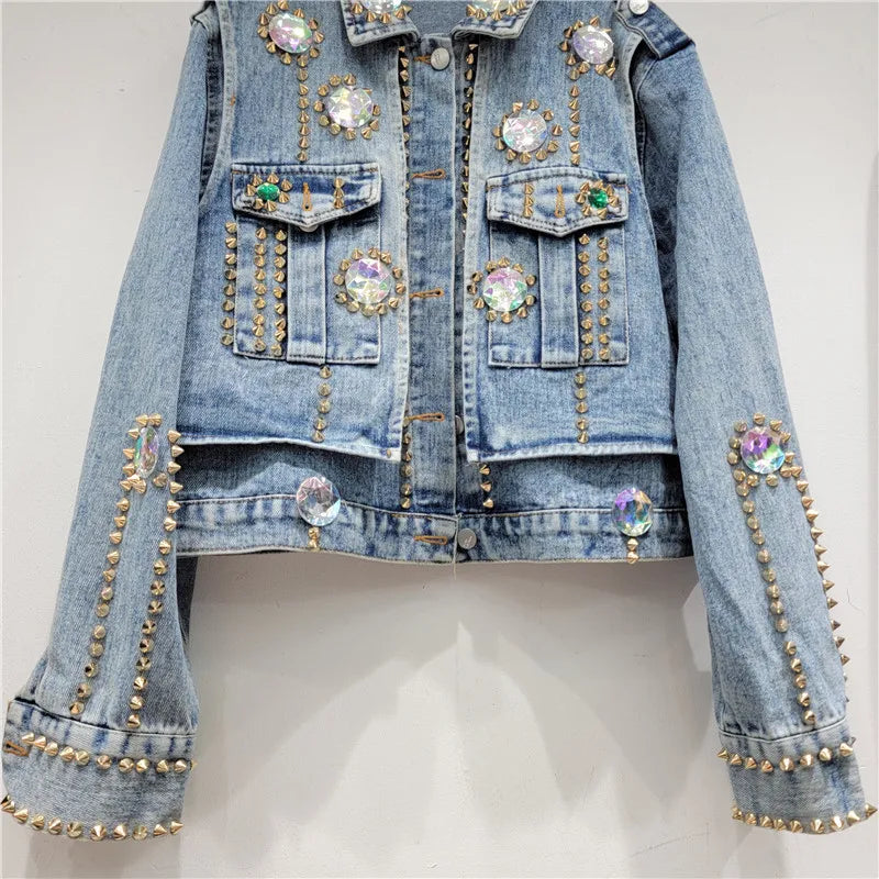 Kay's Handmade Design Rhinestone Beaded Slimming All-Matching Short Denim Jean Jacket (Trendy)