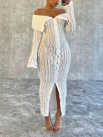 Pink Textured Off-Shoulder Knit Dresses with Front Split