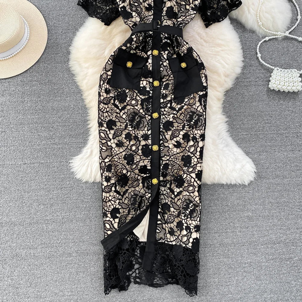 Floral Lace Dress V Neck High Waist Maxi Dresses