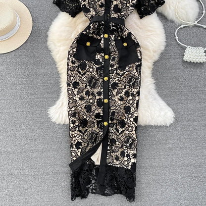 Floral Lace Dress V Neck High Waist Maxi Dresses