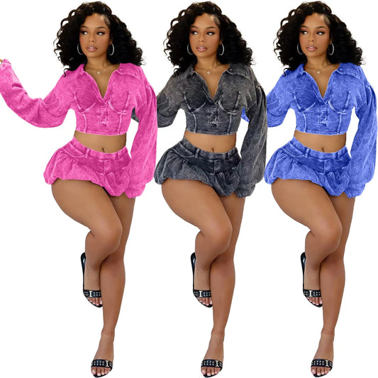 Latoya 2 Piece Outfit Acid Washed Top & Bubble Skirt Set (Two Piece)