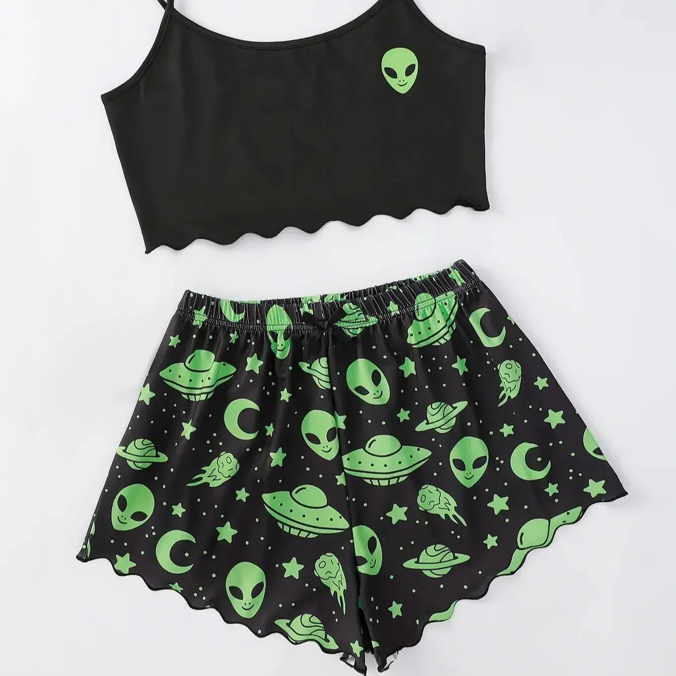 Alien Print Sling Pajamas Set (Top And Shorts)