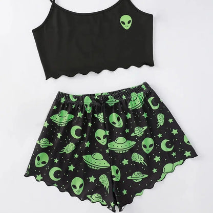 Alien Print Sling Pajamas Set (Top And Shorts)