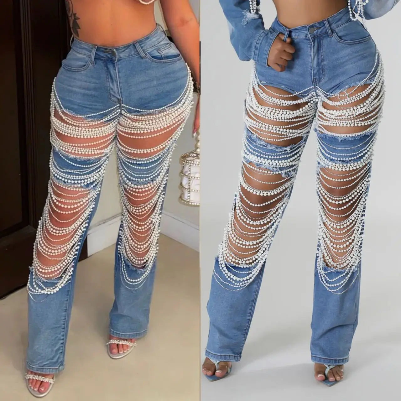 Bianca High Waist Elegant Beading Denim Club Trousers