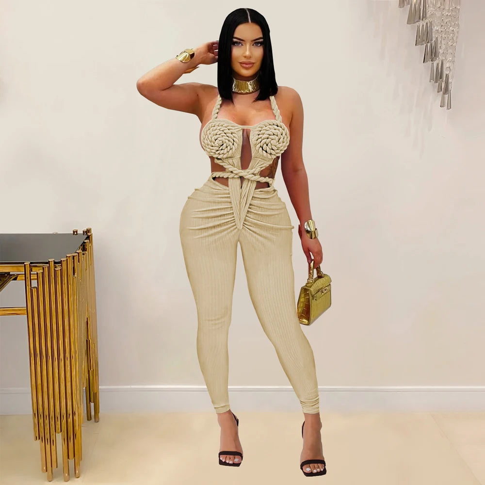 Halter Neck Ribbed Ruched Backless Leggings Jumpsuits (One Piece)