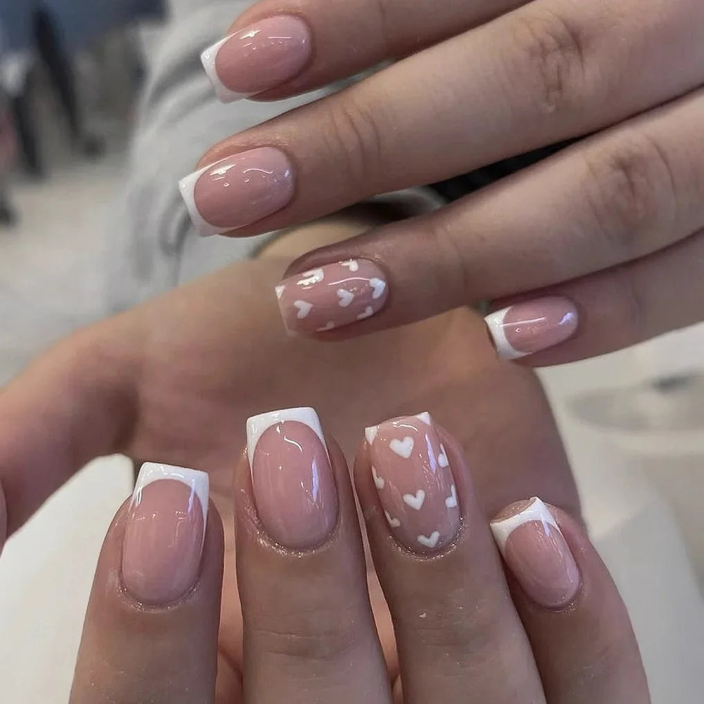 24Pcs Nude Color Fake Nails Short Square Head Press on Nails White Heart Printed Valentine's Day Full Cover False Nails Tips