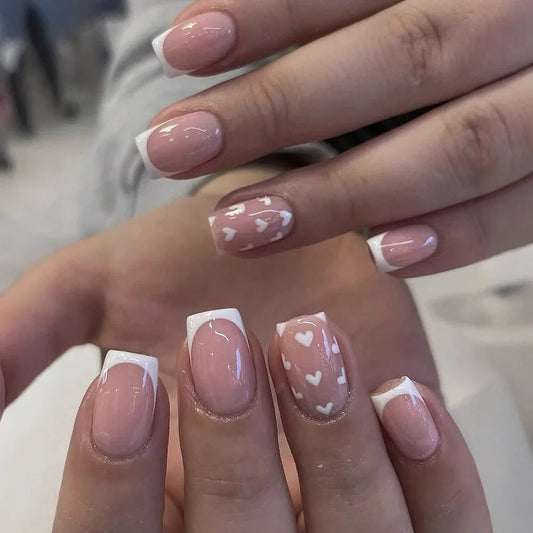 24Pcs Nude Color Fake Nails Short Square Head Press on Nails White Heart Printed Valentine's Day Full Cover False Nails Tips