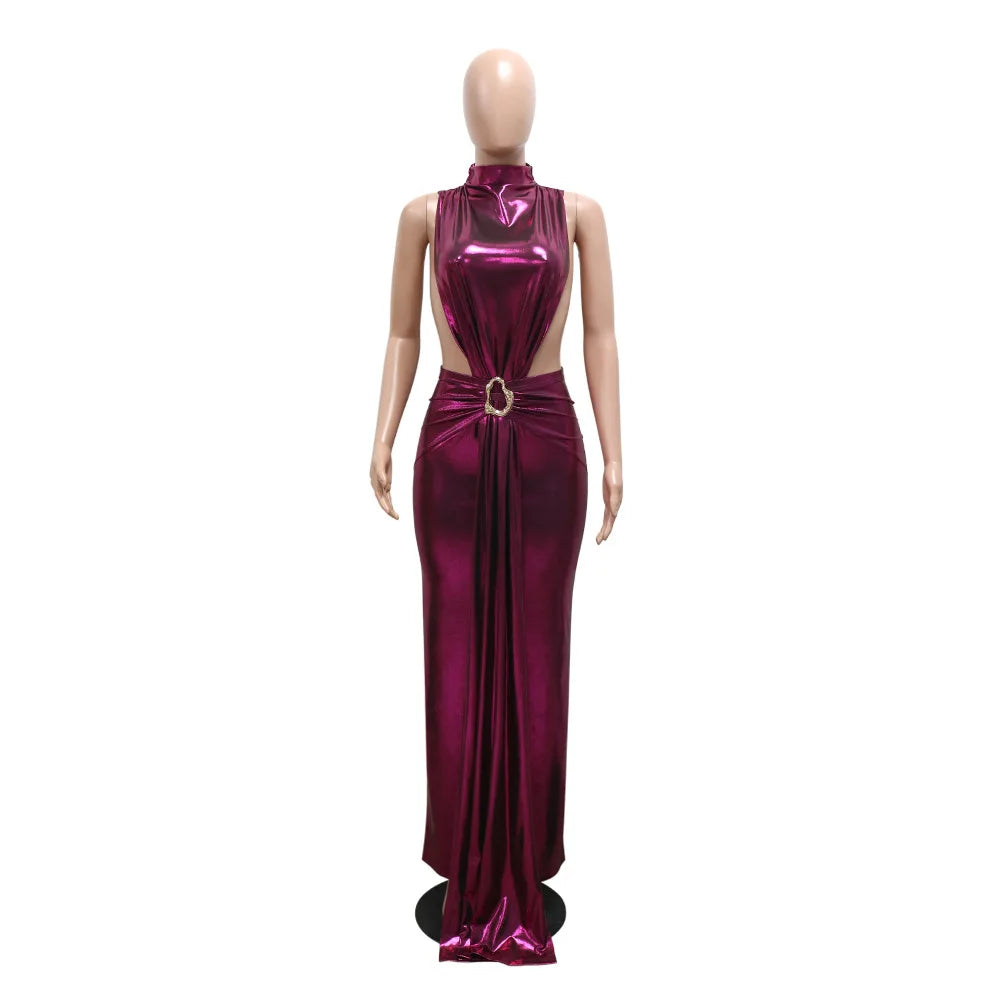 Sania Shiny Metallic Women's Ruched Cocktail Evening Maxi Long Dresses