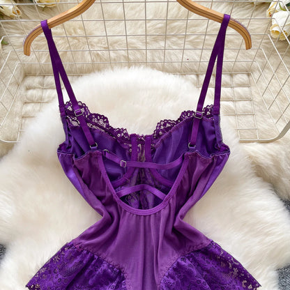 Satin Comfortable Strap Lace Spliced Sheer Lingerie