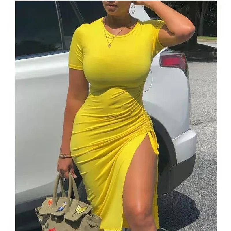 Trendy Printed Slim Bodycon Short Sleeves Drawstring Slit Midi Dresses