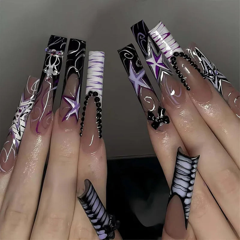 24Pcs Blue Long False Nails Butterfly Ballet French Cartoon  Wearable Fake Nails Full Cover Design Press on Nails Tips Art