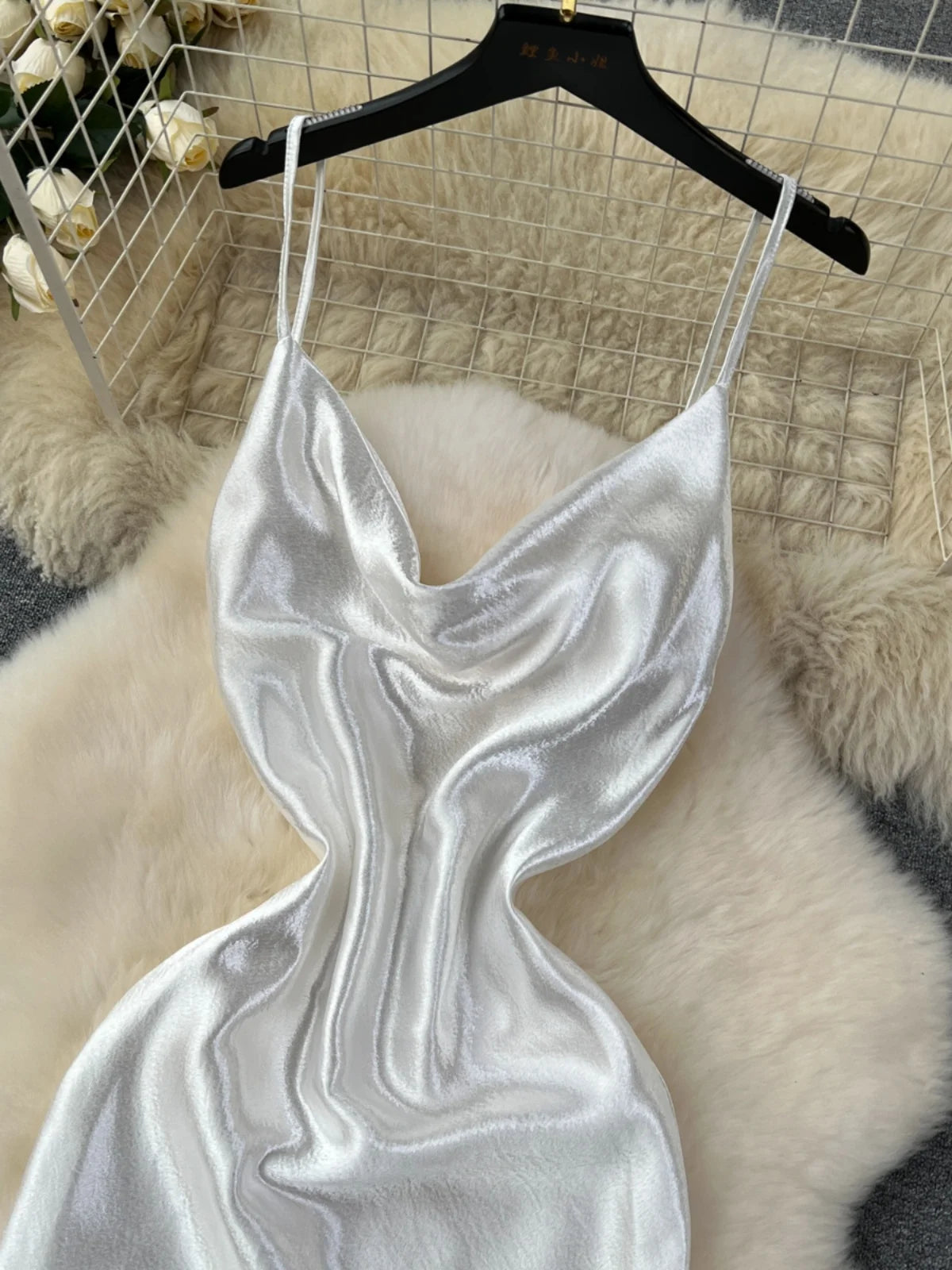 White Spaghetti Strap Satin Glowing Dresses