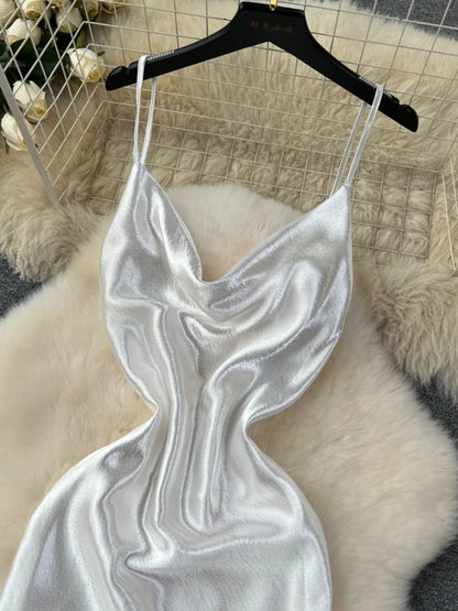 White Spaghetti Strap Satin Glowing Dresses