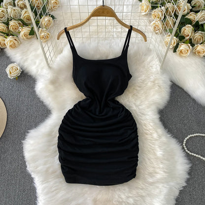 Spaghetti Strap Pleated Temperament Mini Dresses