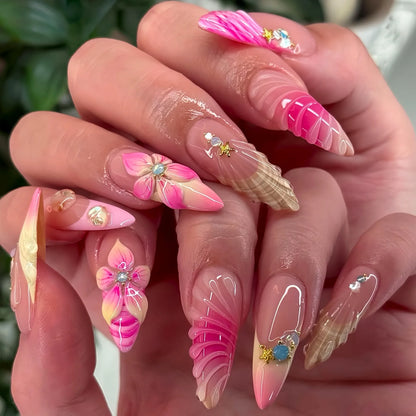24Pc Long Stiletto Press on Nails Cherry Pink French False Nails with 3D Bow Pearls Design Detachable Acrylic Fake Nail Art Tips