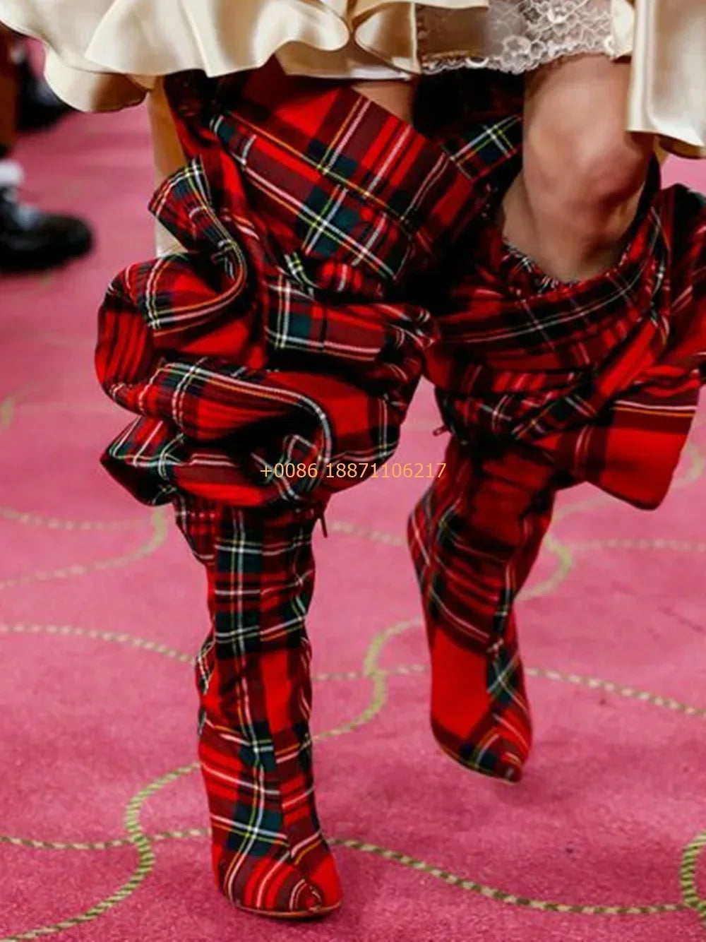 Plaid Over Knee Pointed Model Catwalk Stilettos Boots